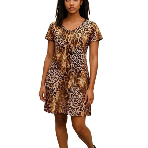 Renee Greenstein Size S Animal Print Tee Shirt Dress Flattering Shaping Cheetah - Picture 1 of 9